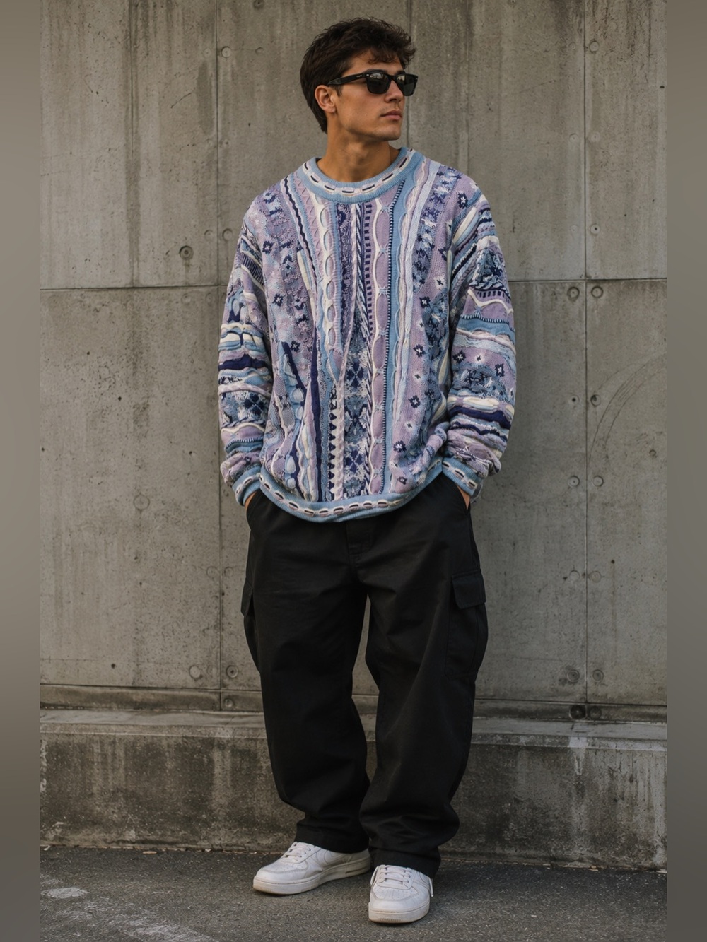 Tundra Canada Vintage 90’s Cotton 3D Thick Knit Pastel Purple Blue Crew Sweater